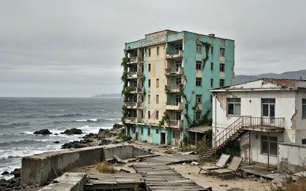 荒废的海滨疗养院建筑群，藤蔓爬上阳台，灰色的海面与天空
