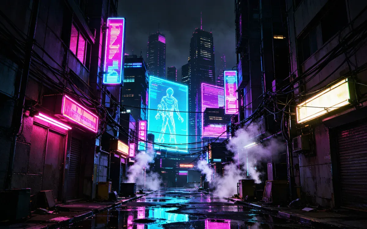 雨夜的霓虹小巷，洋红与青色全息广告牌倒映在积水里